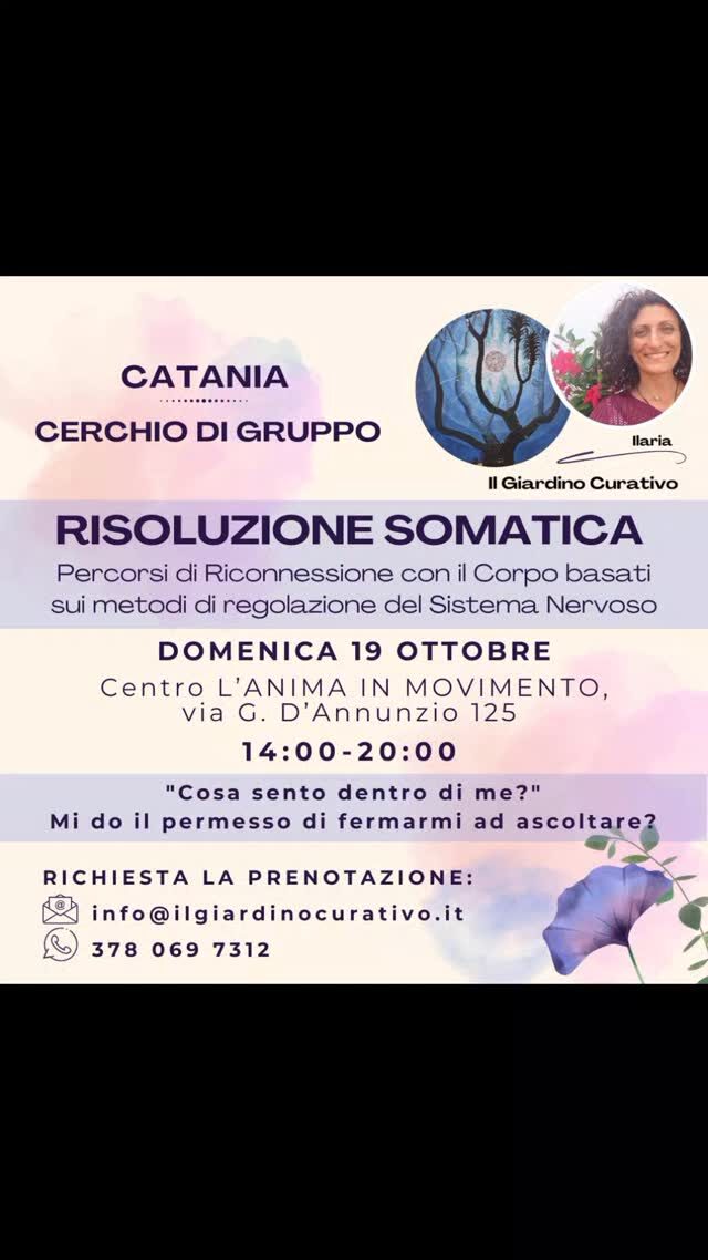 RISOLUZIONE SOMATICA 
dei blocchi energetici, corporei ed emotivi, attraverso la regolazione del Sistema Nervoso.
Cosa ti impedisce di esprimerti per quello che sei?
In questo Percorso, ti guido a entrare in contatto con la tua essenza più autentica, in uno spazio di ascolto sicuro ed empatico.
Liberando le energie congelate nel Corpo e permettendoti di tornare a sentire davvero e non solo a pensare di sentire.
"Solo quando torni a Sentire, è possibile Scegliere veramente"
Solo nel piacere di stare insieme, ritrovando l'armonia della Comunità Umana, possiamo riscoprire gli strumenti per riconnetterci con chi Siamo veramente. 
... E vivere con gioia!
VIENI A CONOSCERE QUESTO PERCORSO!
CALENDARIO 
ilgiardinocurativo.it/calendario (link in bio)
Disponibile in Sicilia e in Toscana.
CONTATTI
ilgiardinocurativo.it (link in bio)
e-mail:  info@ilgiardinocurativo.it
whatsapp: 378 069 7312
Telegram:  Ilaria - il Giardino Curativo
Facebook:  Ilaria - il Giardino Curativo
Instagram: Ilaria.GiardinoCurativo
TikTok:  @giardinocurativo
YouTube: Ilaria - Il Giardino Curativo
Ti aspetto!
#rappresentazionisistemiche #costellazionifamiliari #lavorosudise #ricercadelverose #costellazionifamiliarisistemiche #salute #benessere #olistico #culturadellavitalità #salutenaturale #vitasana #armonia #armoniainteriore #ricercainteriore #ricercapersonale #lavoropersonale #lavorointeriore #salutementale #saluteebenessere #saluteolistica  #ricercadellafelicità #cura #eventiolistici #eventiolistici #costellazionisicilia #costellazionisiracusa