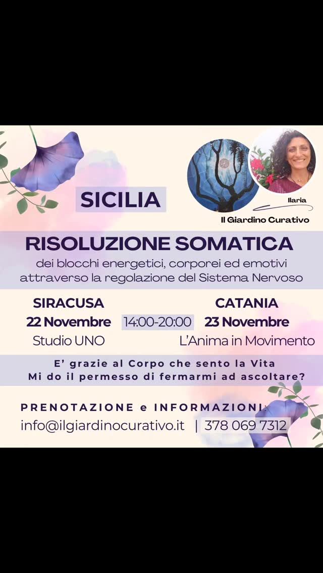 Anche questo è Risoluzione Somatica.
RISOLUZIONE SOMATICA 
dei blocchi emotivi e corporei, attraverso la regolazione indiretta del Sistema Nervoso.
Cosa ti impedisce di esprimerti per quello che sei?
In questo Percorso, ti guido a entrare in contatto con la tua essenza più autentica, in uno spazio di ascolto sicuro ed empatico.
Liberando le energie congelate nel Corpo e permettendoti di tornare a sentire davvero e non solo a pensare di sentire.
"Solo quando torni a sentiTI, puoi Scegliere veramente"
Solo nel piacere di stare insieme, ritrovando l'armonia della Comunità Umana, possiamo riscoprire gli strumenti per riconnetterci con chi Siamo veramente. 
... E vivere con gioia!
Disponibile in Sicilia e in Toscana.
CALENDARIO 
ilgiardinocurativo.it/calendario 
(link in bio)
CONTATTI
ilgiardinocurativo.it (link in bio)
e-mail:  info@ilgiardinocurativo.it
whatsapp: 378 069 7312
Telegram:  Ilaria - il Giardino Curativo
Facebook:  Ilaria - il Giardino Curativo
Instagram: Ilaria.GiardinoCurativo
TikTok:  @giardinocurativo
YouTube: Ilaria - Il Giardino Curativo
#lavorosudisé #olistico #sviluppopersonale #crescita #emozioni #donna #relazioni #coppia #famiglia #ricercapersonale #armoniainteriore #salutenaturale #ricerca #salute #benessere #vitasana #armonia #ricercainteriore  #lavoropersonale #lavorointeriore #sciamanismo #salutementale #saluteebenessere #saluteolistica #donna #relazioni #coppia #famiglia #costellazionisicilia